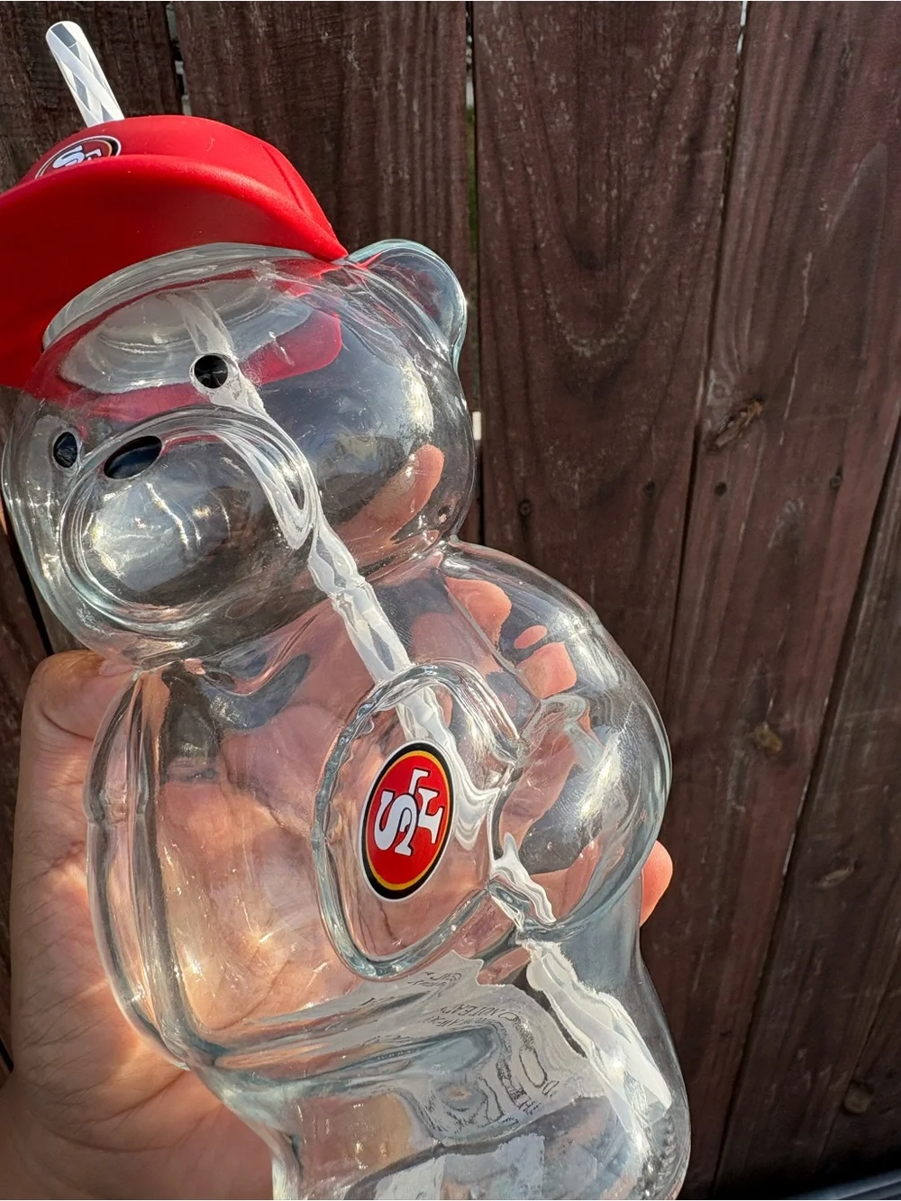 Red 49ers 20 oz Football Bear-shaped Drink Cup with Straw